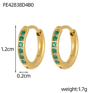 Detail view of 18K gold plated hoop earrings with green zircon inlays and dimensions