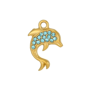 Detail of gold dolphin pendant with micro-pave light blue cubic zirconia stones