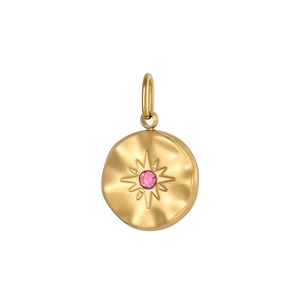 Detailansicht goldener Anhänger mit rosa Edelstein und gewellter Sonnenstruktur