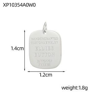 Detail of silver stainless steel rectangular tag pendant with Ellies Button engraving