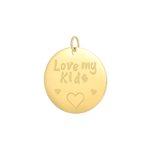 Detailed view of round gold pendant with Love my Kids engraving and heart patterns