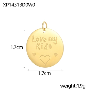Macro view of 1.7cm golden stainless steel round pendant with Love my Kids engraving