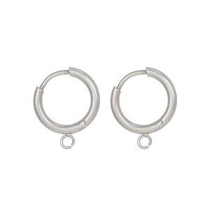 Close-up of polished silver stainless steel hoop earrings with integrated bottom hanging loops