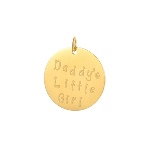 Close-up of gold stainless steel round pendant with Daddy's Little Girl engraving