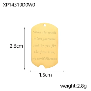 Detailed view of rectangular gold-plated stainless steel pendant with romantic engraving