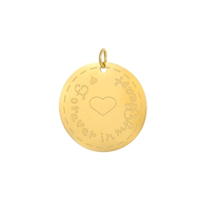Detail of round gold pendant with Forever in my heart engraving and heart symbol