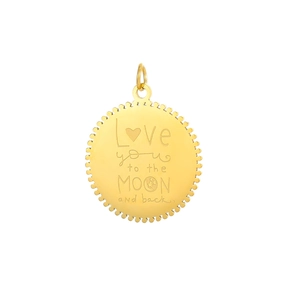 Close-up of golden round pendant with Love you to the moon and back engraving
