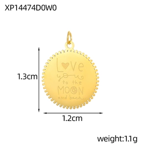 Detail view of round gold stainless steel pendant with Love You to the Moon engraving