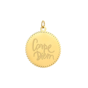 Detailed close-up of golden Carpe Diem pendant with engraved text and matte finish