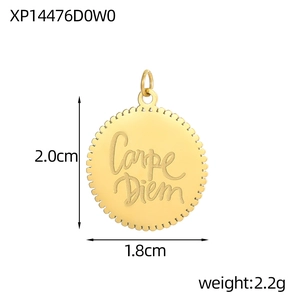 Detail of round gold stainless steel Carpe Diem pendant with size dimensions and weight