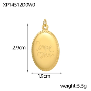 Detailed view of Carpe Diem oval pendant with size dimensions and matte gold finish