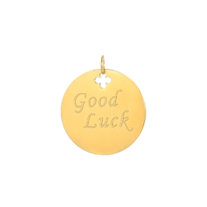 Detailed close-up of a round gold stainless steel pendant with Good Luck engraving