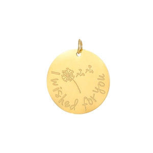 Detailed view of round gold stainless steel pendant engraved with I wished for you phrase