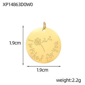 Detailed view of gold stainless steel round pendant with I wished for you engraving
