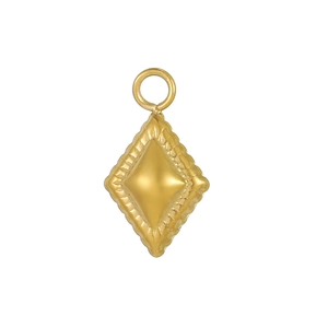 Macro detail of a golden rhombus pendant with textured edges and a polished metal finish