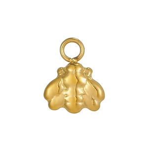 Macro detail of a golden bee-shaped stainless steel pendant with textured wings and top loop