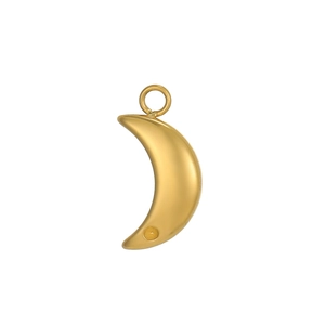 Macro view of a matte gold crescent moon pendant with a fixed ring for DIY jewelry making