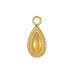 Detailed view of a golden teardrop pendant with a beaded border and bail for DIY jewelry