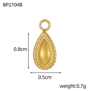 Detail view showing a gold teardrop pendant with dimensions 0.8cm by 0.5cm and 0.7g weight