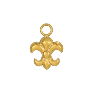 Macro detail of gold fleur-de-lis pendant with embossed texture and top jump ring