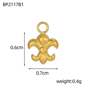Detailed view of a golden fleur-de-lis charm showing 0.6cm height and 0.7cm width dimensions