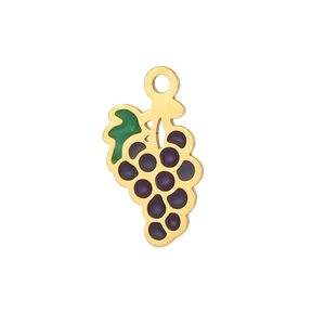 Detail view of a purple grape charm with gold plating and green enamel leaves