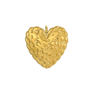 Macro detail of a heart-shaped golden pendant with unique lava ripple texture for DIY jewelry