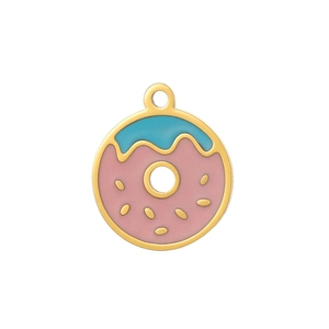 Detailed view of sky blue and pink enamel donut charm with gold trim for DIY jewelry