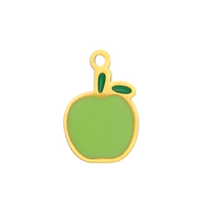 Detailed close-up of a green enamel apple pendant charm with a gold-plated metal frame