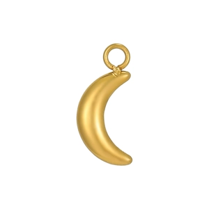 Detailed close-up of a crescent moon pendant in gold finish with a matte texture