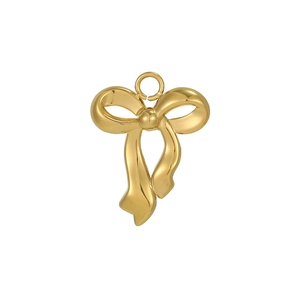 Detailed view of a golden bow-shaped metal pendant charm with polished finish
