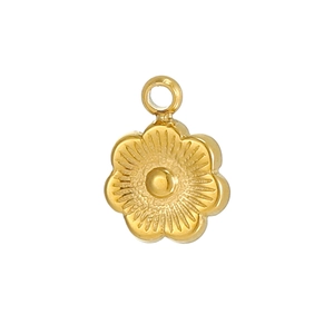 Detailed macro view of a 18k gold plated stainless steel sunflower petal charm with circular loop