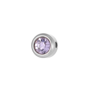 Macro shot of 6mm stainless steel round charm with a faceted lavender birthstone