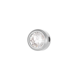 Macro shot of 6mm silver stainless steel birthstone charm with clear crystal bezel setting