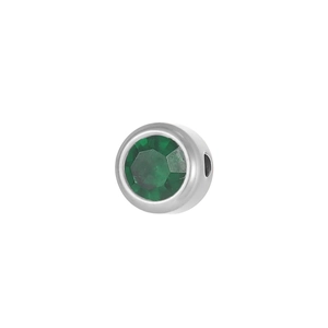 Detail view of 6mm stainless steel round charm with a green birthstone for DIY jewelry