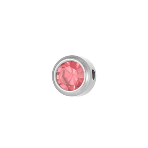 Detail of pink birthstone charm in polished silver steel setting with side hole