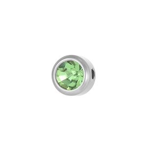 Detail of 6mm stainless steel round charm with a light green faceted birthstone inlay