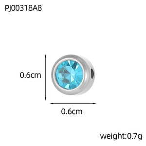 Detailed view of 6mm round stainless steel pendant with blue birthstone and dimensions