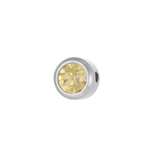 Detailed macro view of silver 6mm stainless steel round charm bead with yellow gemstone