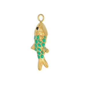 Vue détaillée d'un pendentif en forme de poisson doré avec points d'émail vert