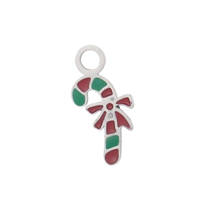 Détail d'un pendentif canne de Noël en émail rouge et vert avec un petit nœud rouge