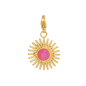 Close-up of golden sunburst pendant featuring a round pink stone and lobster clasp
