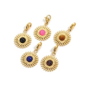 Set of five gold stainless steel sunburst pendants with colorful gemstones and lobster clasps
