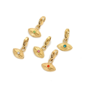 Close-up of five evil eye charms with colorful zircon stones and gold-plated lobster clasps