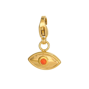 Detailed view of evil eye pendant with orange gemstone and gold plating finish