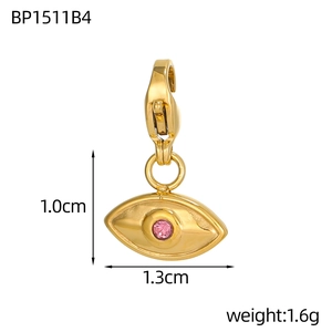 Detailed view of gold evil eye heart pendant with pink rhinestone and size measurements