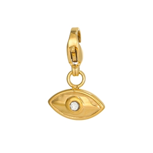 Detailed close-up of golden evil eye pendant with clear zircon and lobster clasp