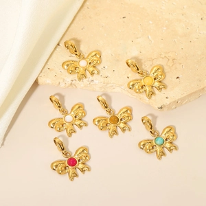 Vintage French bow pendants with colorful natural stones and gold lobster clasps