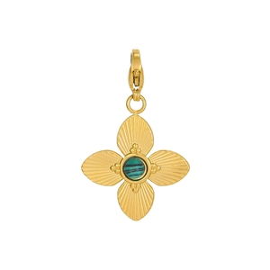 Macro detail of a gold flower pendant with natural malachite stone and lobster clasp