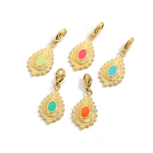 Five vintage gold bow pendants with colorful enamel oval stones and lobster clasps